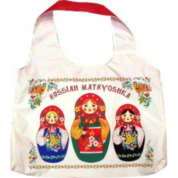 Сумка тканная пляжная Три матрешки цвет ручек и задняя сторона красные внутри синяя