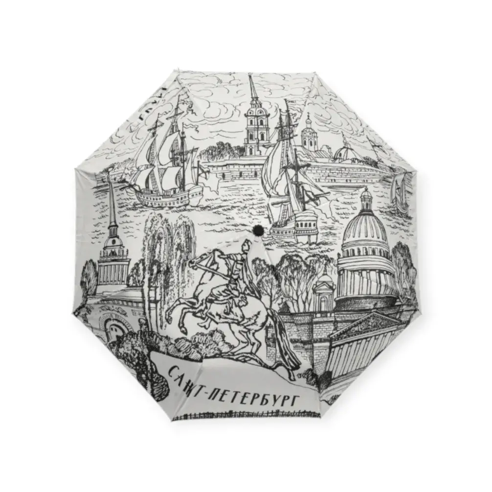 Зонт СПб Коллаж складной полуавтомат белый