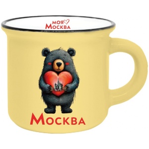 Кружка фарфор матовая 180мл Москва Медведь с сердцем желтая
